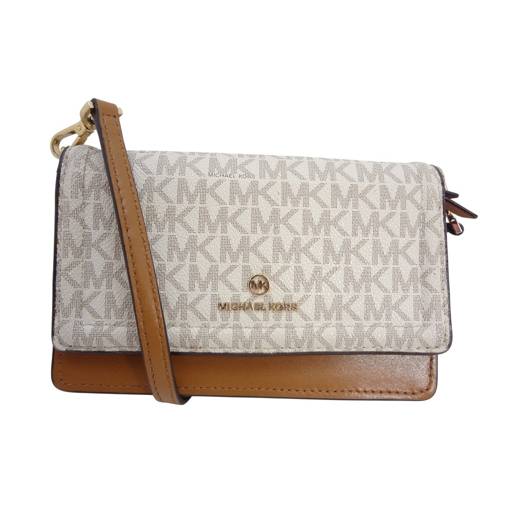 Michael Kors Vanilla Monogram Tan Leather Crossbody Wallet Bag Gold Hardware